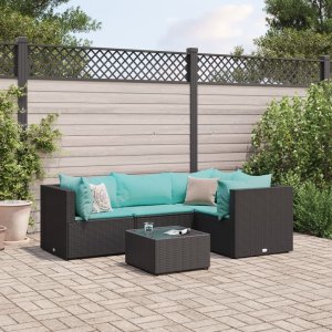 vidaXL VidaXL 5 Piece Patio Lounge Set with Cushions Black Poly Rattan 1