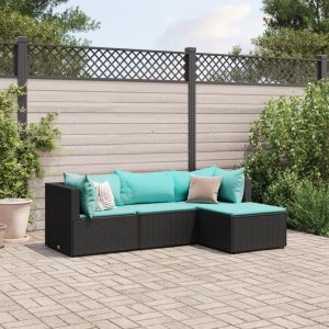 vidaXL VidaXL 4 Piece Patio Lounge Set with Cushions Black Poly Rattan 1