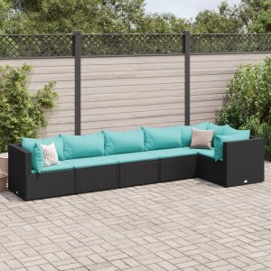 vidaXL VidaXL 6 Piece Patio Lounge Set with Cushions Black Poly Rattan 1