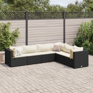 vidaXL VidaXL 6 Piece Patio Lounge Set with Cushions Black Poly Rattan 1