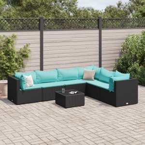 vidaXL VidaXL 7 Piece Patio Lounge Set with Cushions Black Poly Rattan 1