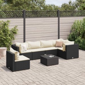 vidaXL VidaXL 7 Piece Patio Lounge Set with Cushions Black Poly Rattan 1