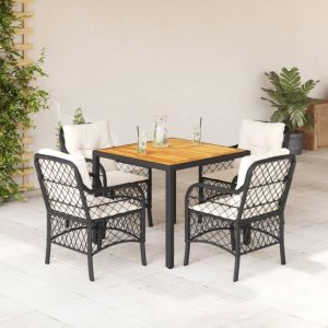 vidaXL VidaXL 5 Piece Patio Dining Set with Cushions Black Poly Rattan 1