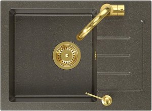 Zlewozmywak Steiner ART JOHNNY 116 (60x44x18,5) GraniteQ Art Gold Black Pearl z syfonem manualnym, baterią Naomi i dozownikiem - czarny opalizacja złota 2