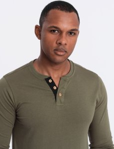 Ombre Longsleeve męski z guzikami przy dekolcie - ciemnooliwkowy V1 OM-LSCL-0107 XXL 3