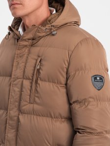 Kurtka męska Ombre Długa zimowa kurtka męska pikowana o satynowym wykończeniu - jasnobrązowa V2 OM-JALJ-0147 L 5