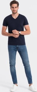 Ombre Klasyczna męska bawełniana koszulka z dekoltem w serek BASIC - granatowa V2 OM-TSBS-0145 XL 4