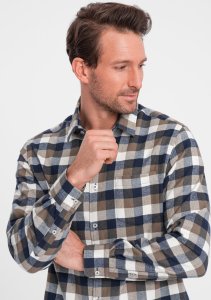 Ombre Klasyczna flanelowa męska koszula bawełniana w kratę - brązowo-granatowa V1 OM-SHCS-0157 S 2