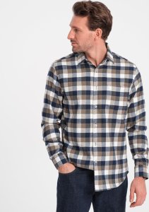 Ombre Klasyczna flanelowa męska koszula bawełniana w kratę - brązowo-granatowa V1 OM-SHCS-0157 S 3
