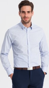 Ombre Klasyczna męska bawełniana koszula SLIM FIT w mikro wzór - błękitna V7 OM-SHCS-0156 XL 1