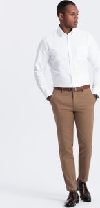 Ombre Spodnie męskie chino SLIM FIT z delikatną teksturą - brązowe V2 OM-PACP-0190 L 1