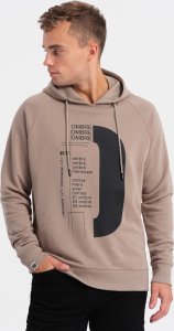 Ombre Męska bluza z nadrukiem HOODIE - ciemnobeżowa V2 OM-SSPS-0152 L 1