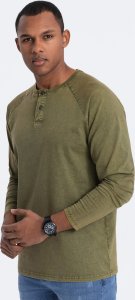 Ombre Longsleeve męski washowany henley z raglanowymi rękawami - ciemnooliwkowy V4 OM-LSWL-22FW-001 M 1