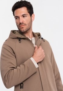 Kurtka męska Ombre Płaszcz męski z kapturem w delikatny prążek - kawowy V1 OM-COSC-0112 M 2
