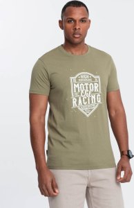 Ombre T-shirt męski z nadrukiem w stylu motocyklowym  oliwkowy V2 OM-TSPT-0125 S 1