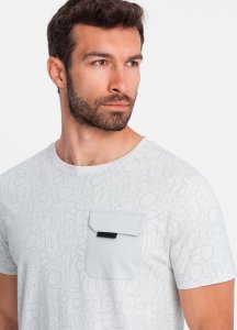 Ombre Bawełniany męski t-shirt z literowym printem i kieszonką  biało-szary V3 OM-TSFP-0188 M 1