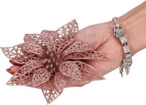 Springos Gwiazda betlejemska, sztuczny kwiat, poinsecja ażurowa, różowa z brokatem na klipsie UNIWERSALNY 4