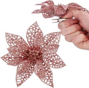 Springos Gwiazda betlejemska, sztuczny kwiat, poinsecja ażurowa, różowa z brokatem na klipsie UNIWERSALNY 7