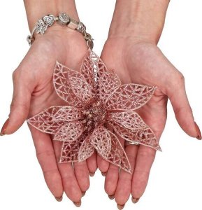 Springos Gwiazda betlejemska, sztuczny kwiat, poinsecja ażurowa, różowa z brokatem na klipsie UNIWERSALNY 9