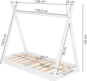 Springos Łóżko dziecięce 145x75cm drewniane łóżeczko tipi ze stelażem, domek dla dziecka, białe UNIWERSALNY 8