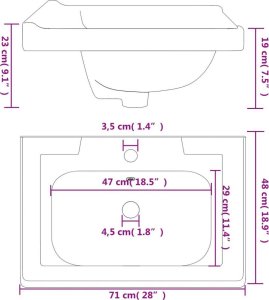 Umywalka vidaXL Umywalka, biała, 71x48x23 cm, prostokątna, ceramiczna 10