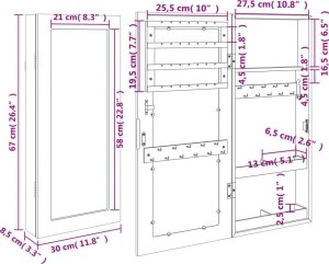 vidaXL Wisząca szafka na biżuterię, z lustrem, biała, 30x8,5x67 cm 11