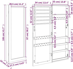vidaXL Wisząca szafka na biżuterię, z lustrem, biała, 37,5x10x106 cm 11