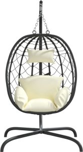 vidaXL Wiszące krzesło kokon z poduszką, kremowe, rattan PE i stal 3