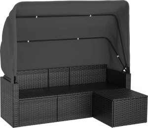 vidaXL 3-os. sofa ogrodowa z daszkiem i podnóżkiem, polirattan, czarna 2