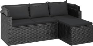 vidaXL 3-os. sofa ogrodowa z daszkiem i podnóżkiem, polirattan, czarna 6