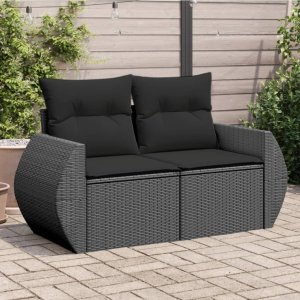 vidaXL Sofa ogrodowa z poduszkami, 2-osobowa, czarna, polirattan Lumarko! 1