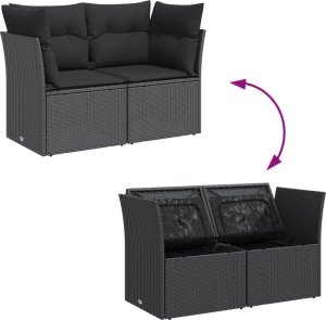 vidaXL Sofa ogrodowa z poduszkami, 2-osobowa, czarna, polirattan 7