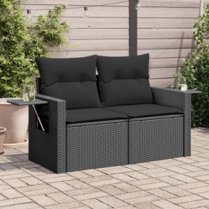 vidaXL Sofa ogrodowa z poduszkami, 2-osobowa, czarna, polirattan Lumarko! 1