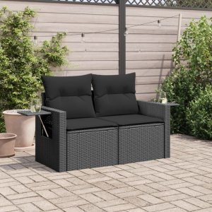vidaXL Sofa ogrodowa z poduszkami, 2-osobowa, czarna, polirattan 3