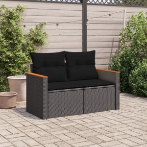vidaXL Sofa ogrodowa z poduszkami, 2-osobowa, czarna, polirattan 3