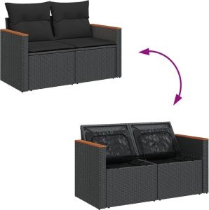 vidaXL Sofa ogrodowa z poduszkami, 2-osobowa, czarna, polirattan 7