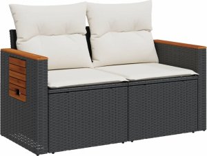 vidaXL Sofa ogrodowa z poduszkami, 2-osobowa, czarna, polirattan 4