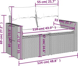 vidaXL Sofa ogrodowa z poduszkami, 2-osobowa, szara, polirattan 12
