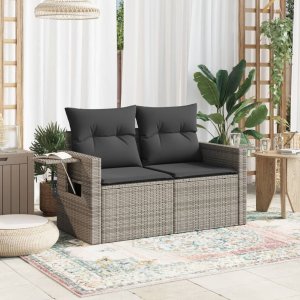 vidaXL Sofa ogrodowa z poduszkami, 2-osobowa, szara, polirattan 3