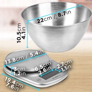 Waga kuchenna Duronic KS5000 SRSS Cyfrowa waga kuchenna srebrna do 5 kg z 2,5 l misą ze stali nierdzewnej | waga elektroniczna z bateriami w zestawie 2