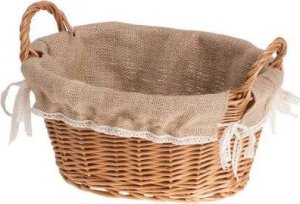 WickerPL Owalny Koszyk z Wikliny obszyty Jutą i Koronką z uchwytami 31x24 H16 cm 2