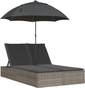 vidaXL vidaXL Podwójna leżanka z poduszkami i parasolem, szara, polirattan 2