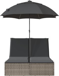 vidaXL vidaXL Podwójna leżanka z poduszkami i parasolem, szara, polirattan 4
