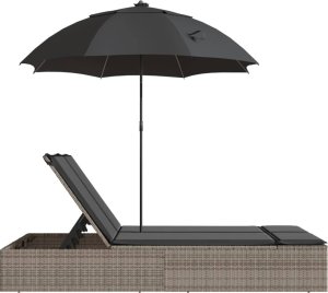 vidaXL vidaXL Podwójna leżanka z poduszkami i parasolem, szara, polirattan 5