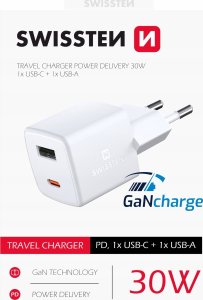 Ładowarka Swissten Mini Gan Travel Charger 1x USB-C + 1xUSB 30W Power Delivery 3