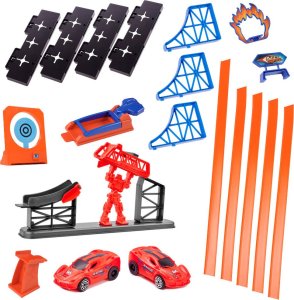 KIK Tor samochodowy szybki wyrzutnia pętla skocznia z tarczą licznikiem 2 autka 2