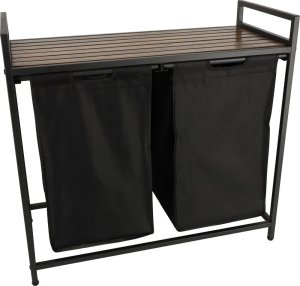 KIK Kosz na pranie do segregacji dwukomorowy duży z półką blatem stolikiem drewnianym skandynawki LOFT czarny 2