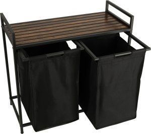 KIK Kosz na pranie do segregacji dwukomorowy duży z półką blatem stolikiem drewnianym skandynawki LOFT czarny 4