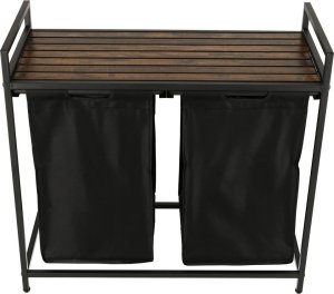 KIK Kosz na pranie do segregacji dwukomorowy duży z półką blatem stolikiem drewnianym skandynawki LOFT czarny 6