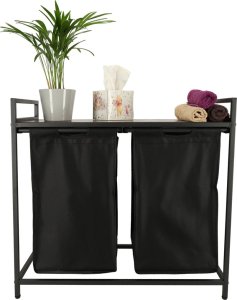 KIK Kosz na pranie do segregacji dwukomorowy duży z półką blatem stolikiem drewnianym skandynawki LOFT czarny 7